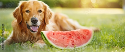 Golden retriver with a fresh half of watermelon. photo