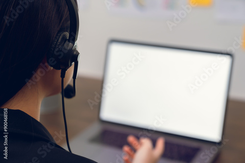 Close up of businesswoman wear headset Call center and working on support hotline customer.