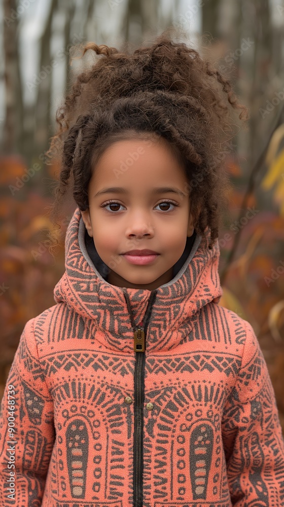 A child with curly hair poses outside in a vibrant jacket surrounded by fall foliage A child with curly hair poses outside in a vibrant jacket surrounded by fall foliage