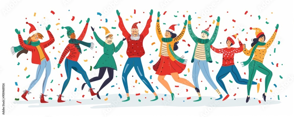Group of friends in festive costumes dancing and celebrating together. Group of friends in festive costumes dancing and celebrating together.