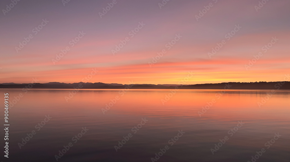 Naklejka premium A breathtaking sunrise over a tranquil lake, the sky painted in shades of orange, pink, and purple, with calm water reflecting the colors.