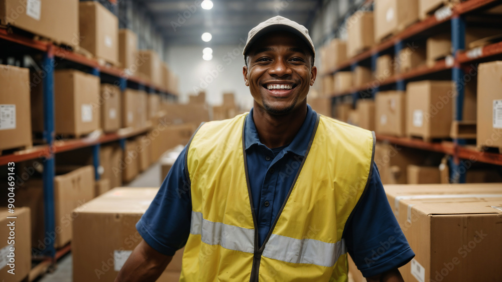 Corriere espresso di origini afro americane sorride in magazzino circondato da scatole di cartoni e bancali