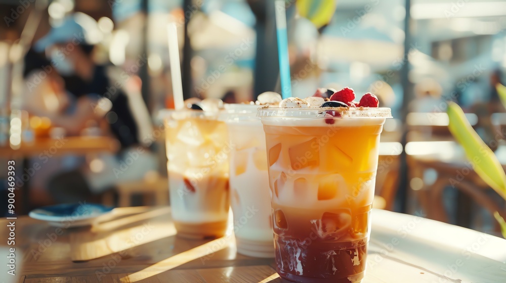 Refreshing drinks on a sunny day. A variety of iced coffee drinks with different flavors and toppings. Refreshing drinks on a sunny day. A variety of iced coffee drinks with different flavors and toppings.