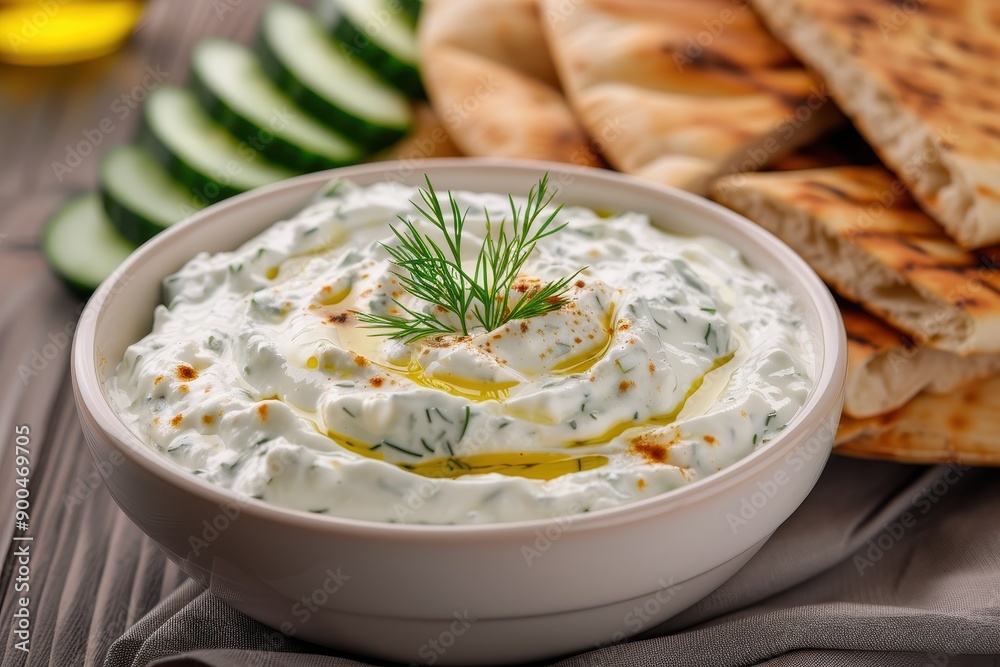 A bowl of creamy tzatziki dip, topped with a drizzle of olive oil and a sprig of dill, served with sliced cucumber and pita bread. A bowl of creamy tzatziki dip, topped with a drizzle of olive oil and a sprig of dill, served with sliced cucumber and pita bread.