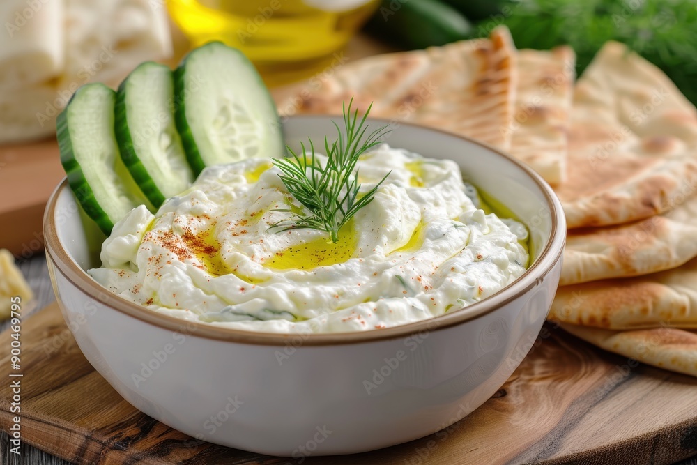 A bowl of creamy tzatziki dip, topped with a drizzle of olive oil and a sprig of dill, served with sliced cucumber and pita bread. A bowl of creamy tzatziki dip, topped with a drizzle of olive oil and a sprig of dill, served with sliced cucumber and pita bread.