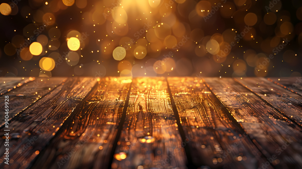 Golden glitter on wooden tabletop, festive background Golden glitter on wooden tabletop, festive background