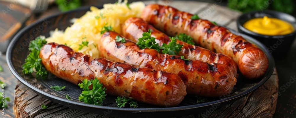Plate of delicious grilled sausages served with mustard and sauerkraut. Plate of delicious grilled sausages served with mustard and sauerkraut.