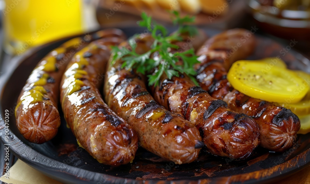 Plate of grilled sausages with tangy mustard and pickles on the side at the Oktoberfest festival. Plate of grilled sausages with tangy mustard and pickles on the side at the Oktoberfest festival.