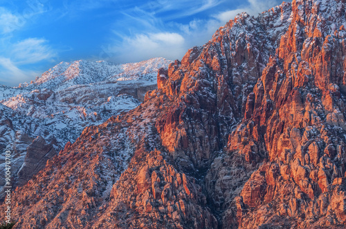 Winter landscape at sunrise of the Wilson Cliffs, Red Rock Canyon, Las Vegas, Nevada, USA