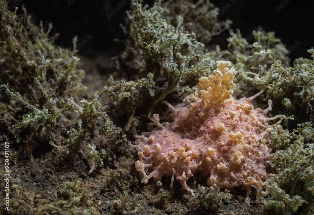 Fototapeta premium Microscope of mucous mold exploding in natural habitat, Generative AI