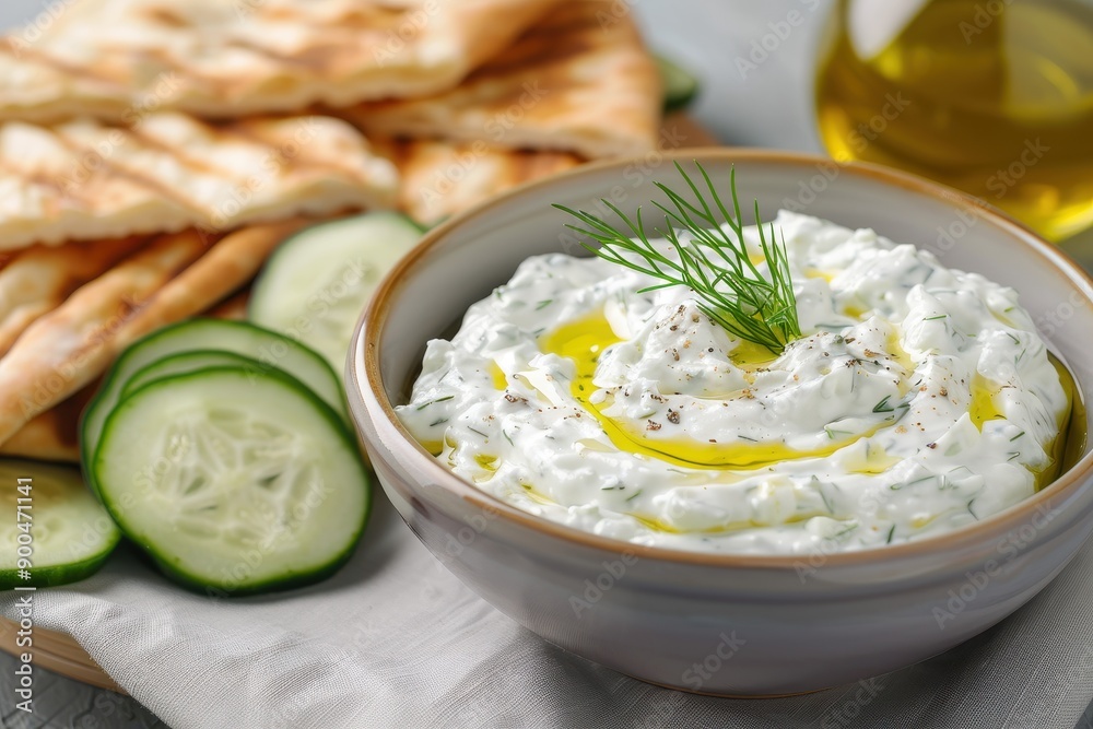 A bowl of creamy tzatziki dip, topped with a drizzle of olive oil and a sprig of dill, served with sliced cucumber and pita bread. A bowl of creamy tzatziki dip, topped with a drizzle of olive oil and a sprig of dill, served with sliced cucumber and pita bread.