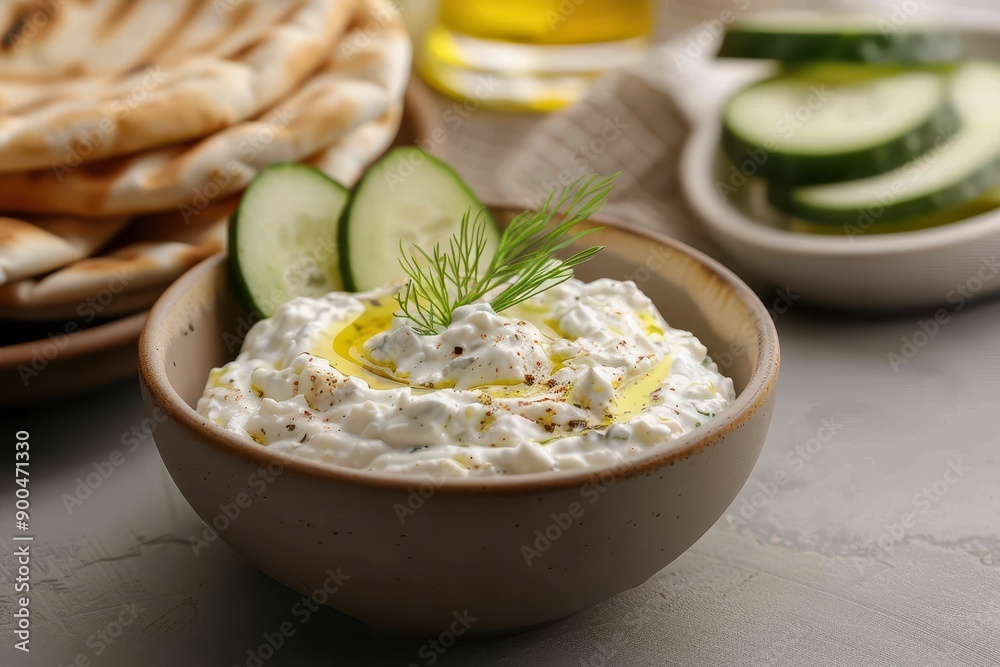 A bowl of creamy tzatziki dip, topped with a drizzle of olive oil and a sprig of dill, served with sliced cucumber and pita bread. A bowl of creamy tzatziki dip, topped with a drizzle of olive oil and a sprig of dill, served with sliced cucumber and pita bread.