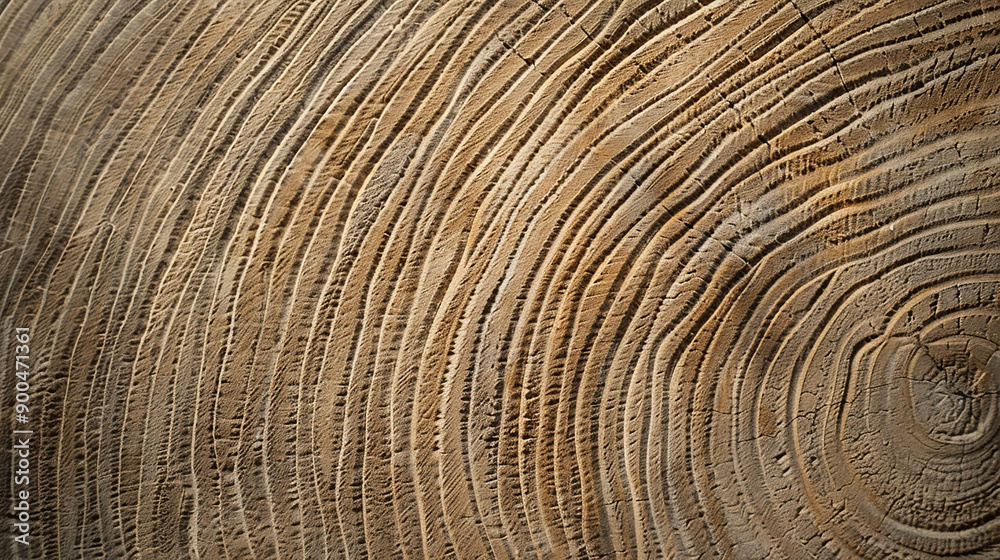 Naklejka premium Close-up of tree rings on a cross-section of a tree trunk, showing the patterns and textures of growth.