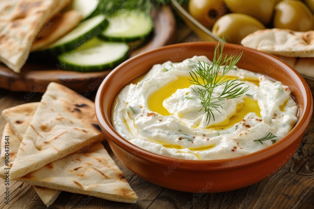 A bowl of creamy tzatziki dip, topped with a drizzle of olive oil and a sprig of dill, served with sliced cucumber and pita bread.