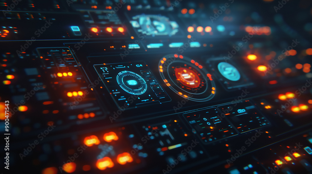 Holographic interface for a sci-fi control panel, with glowing elements and animated interactions. Holographic interface for a sci-fi control panel, with glowing elements and animated interactions.