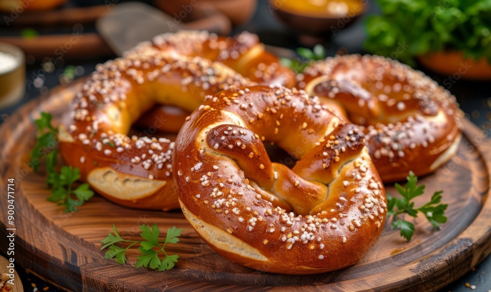 Pretzels arranged on a wooden board with mustard at the Oktoberfest festival. Pretzels arranged on a wooden board with mustard at the Oktoberfest festival.
