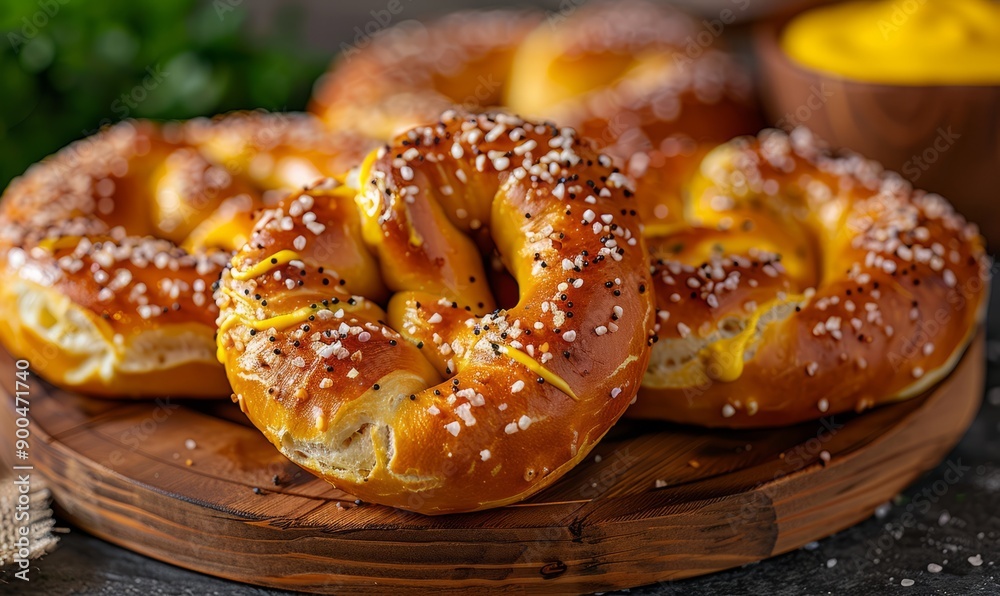 Pretzels arranged on a wooden board with mustard at the Oktoberfest festival. Pretzels arranged on a wooden board with mustard at the Oktoberfest festival.