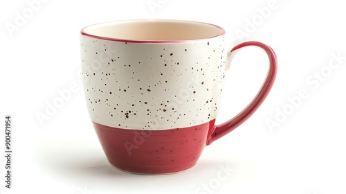 This is a ceramic coffee mug with a handle. It is white with red spots and has a red interior. The mug is sitting on a white background. photo