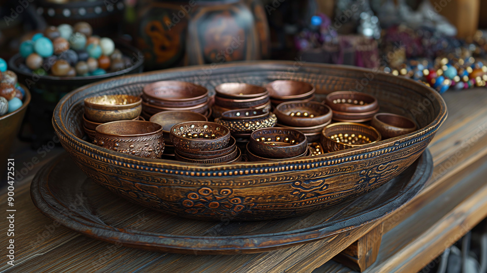 Handcrafted Jewelry: A detailed shot of handcrafted jewelry pieces on a wooden tray, showcasing the fine craftsmanship and intricate designs. Handcrafted Jewelry: A detailed shot of handcrafted jewelry pieces on a wooden tray, showcasing the fine craftsmanship and intricate designs.