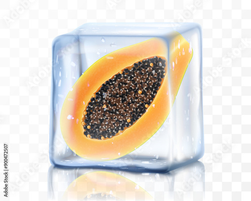 Slice of fresh ripe papaya in ice cube isolated on transparent background Frozen tropical fruit papaya. realistic 3d vector illustration. Bright summer design