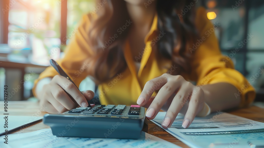 Fototapeta premium A woman in a yellow blouse is using a calculator to add up her finances. She has a stack of papers in front of her on the table.