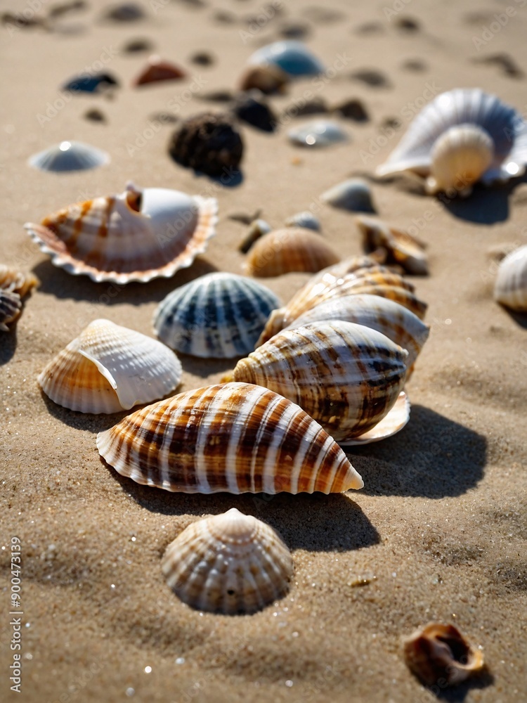Seashells scattered on sandy beach, picturesque coastal scene. High contrast Seashells scattered on sandy beach, picturesque coastal scene. High contrast