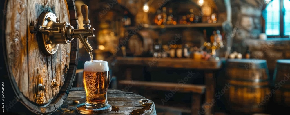 Wooden barrel with a brass tap dispensing beer into awaiting steins.