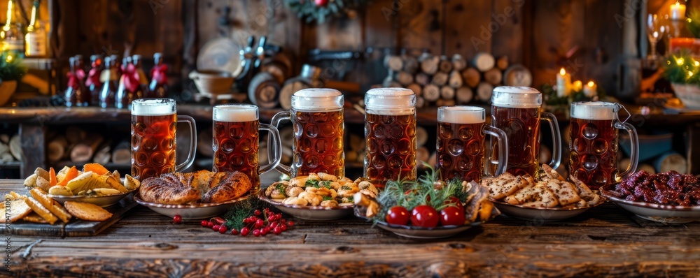 Fototapeta premium Rustic table set with Bavarian snacks, beer steins, and decorative items.