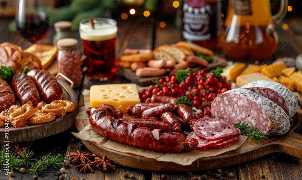Rustic wooden table set with an array of Bavarian delicacies including sausages, cheese, and pretzels under festive Oktoberfest decorations. Rustic wooden table set with an array of Bavarian delicacies including sausages, cheese, and pretzels under festive Oktoberfest decorations.