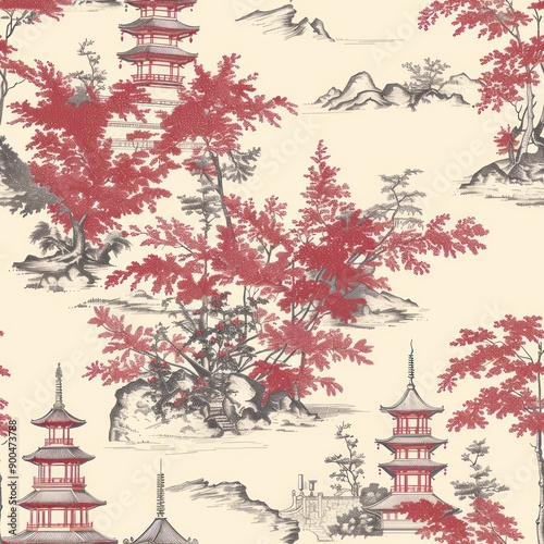 antique bamboo and temple seamless repeating pattern illustration in style of toile de jouy