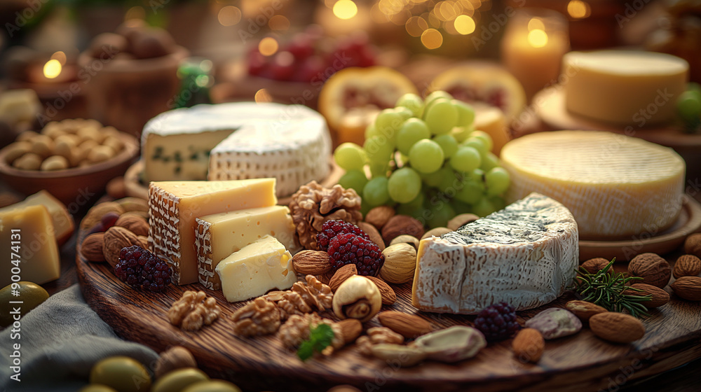 Artisan Cheese Board: A detailed view of an artisan cheese board with various cheeses, fruits, and nuts. The image highlights the textures and colors, perfect for gourmet enthusiasts. Artisan Cheese Board: A detailed view of an artisan cheese board with various cheeses, fruits, and nuts. The image highlights the textures and colors, perfect for gourmet enthusiasts.