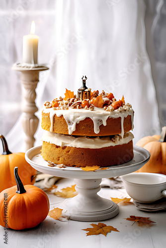 delicious homemmade fall cake, fall decoration, food background photo