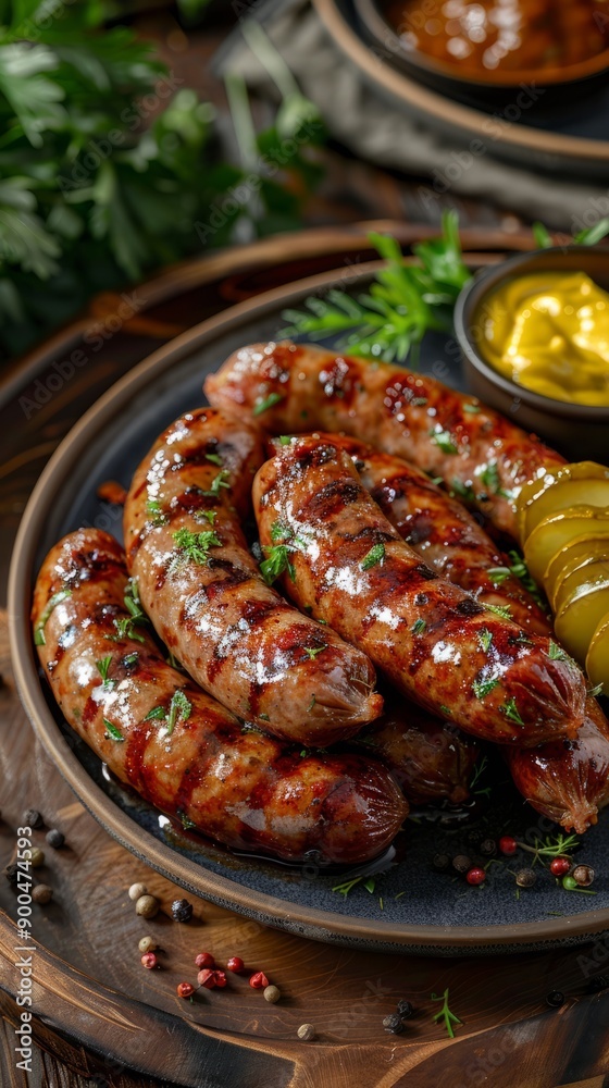 Plate of grilled sausages accompanied by pickles and mustard on a wooden table. Plate of grilled sausages accompanied by pickles and mustard on a wooden table.