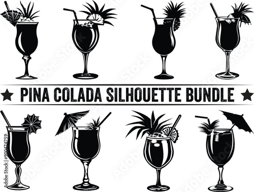 Pina colada silhouette bundle. Pina colada glyph icon. Footed glass with drink, slice of fruit and straw. Pina Colada summer cocktail with a piece of pineapple.