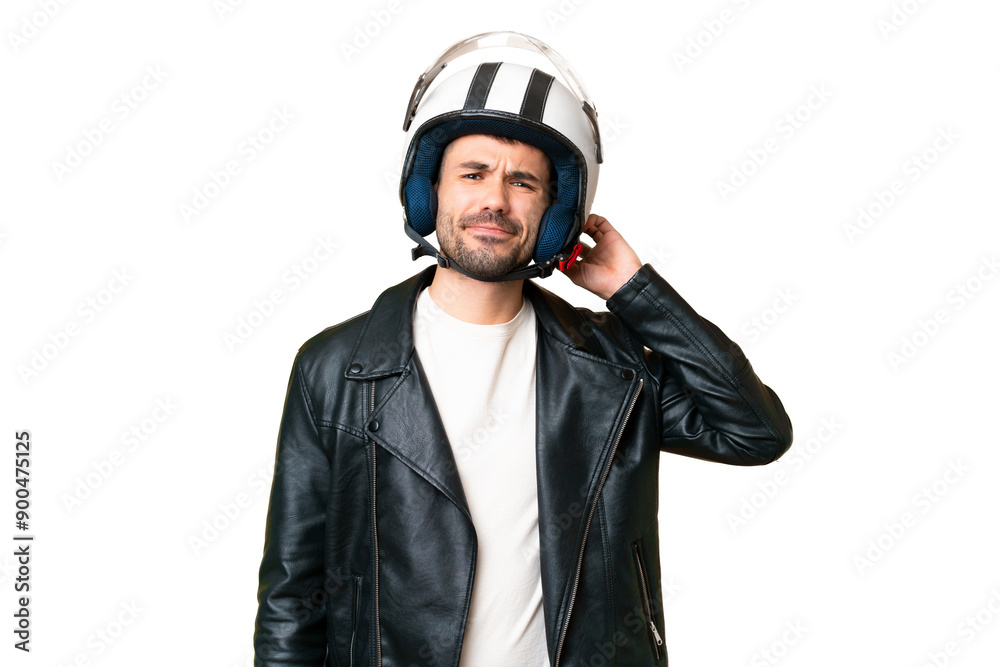 Young caucasian man with a motorcycle helmet over isolated chroma key background having doubts Young caucasian man with a motorcycle helmet over isolated chroma key background having doubts