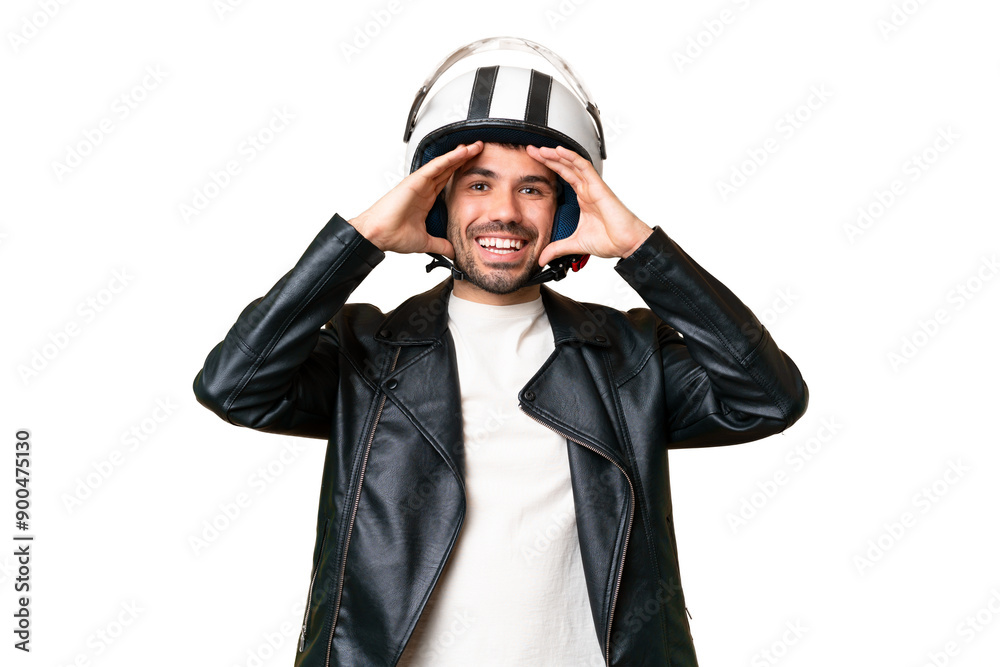 Young caucasian man with a motorcycle helmet over isolated chroma key background with surprise expression Young caucasian man with a motorcycle helmet over isolated chroma key background with surprise expression