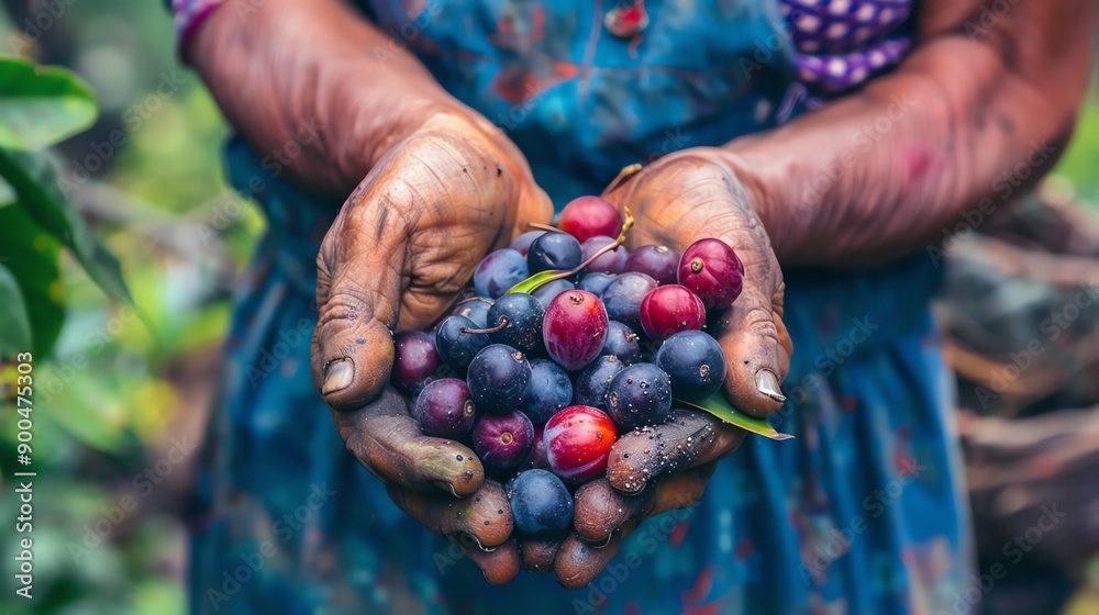 Close-up of a farmer's hands holding a handful of fresh coffee beans. Close-up of a farmer's hands holding a handful of fresh coffee beans.