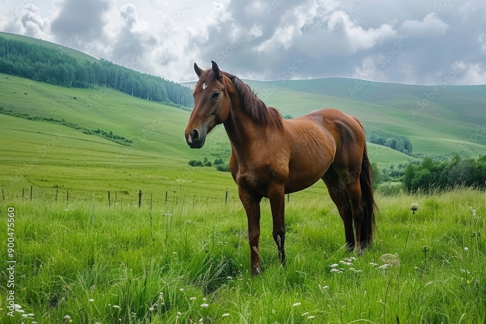 Beautiful horse on a green meadow, ai