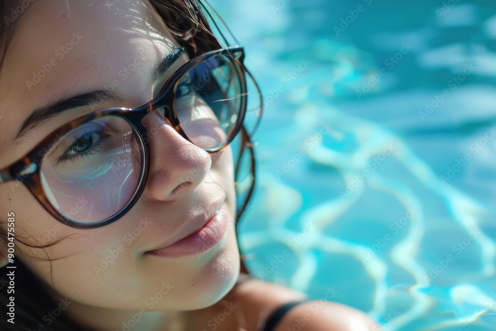 Close Up, Woman wearing glasses sitting by the swimming pool Close Up, Woman wearing glasses sitting by the swimming pool