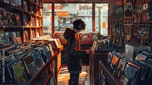 Young man in headphones browsing through vinyl records in a quaint and nostalgic record store