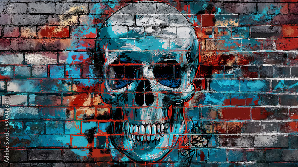 Fototapeta premium Pop art comic street graffiti with a skull on a brick wall. Creative poster