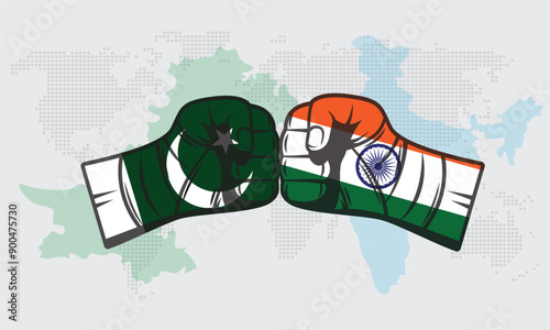 Pakistan vs India with world map and with both Countries Flags in fist, Fist fight of Pak vs Ind