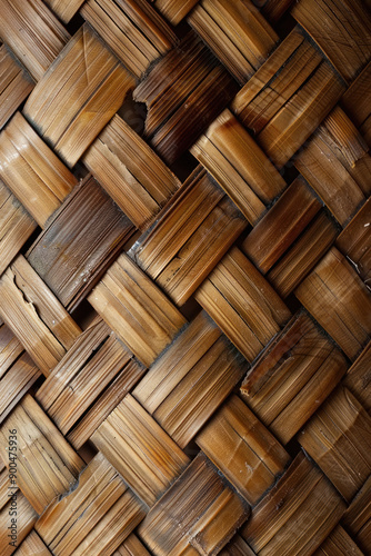 Close-up of a woven bamboo basket, highlighting the intricate texture and natural pattern of the material