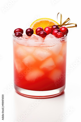 Cranberry orange whiskey sour coctail with ingredietns on white background, copy space for text