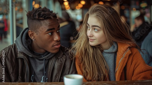 Romantic Evening Date in Cafe. Romantic multiracial Couple Enjoying Coffee indoor. Generative ai photo