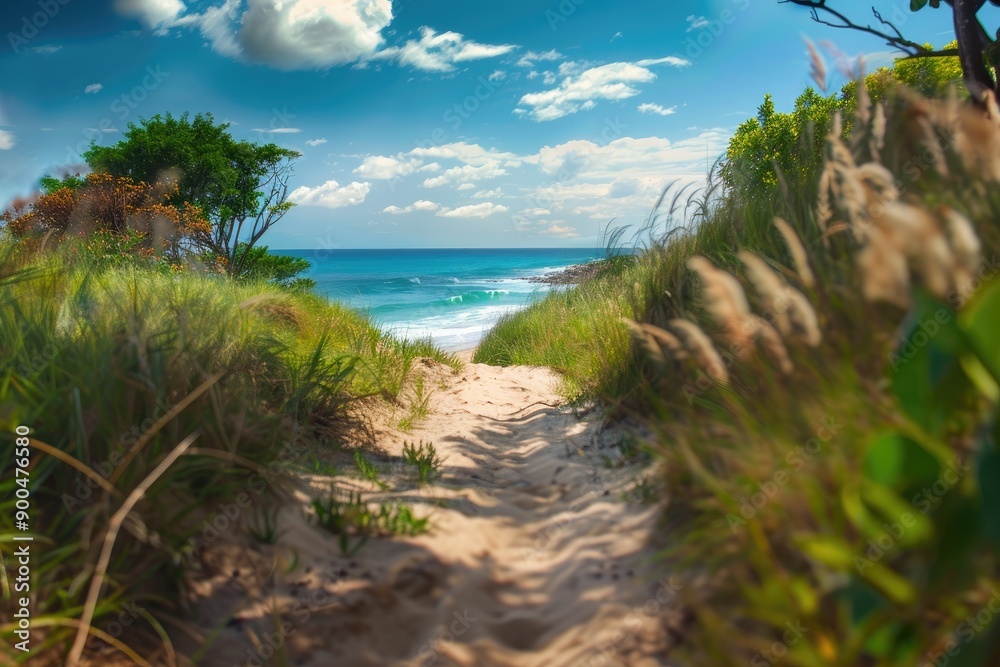 Coastal Path Leading to a Sandy Beach with Blue Ocean Waves Coastal Path Leading to a Sandy Beach with Blue Ocean Waves