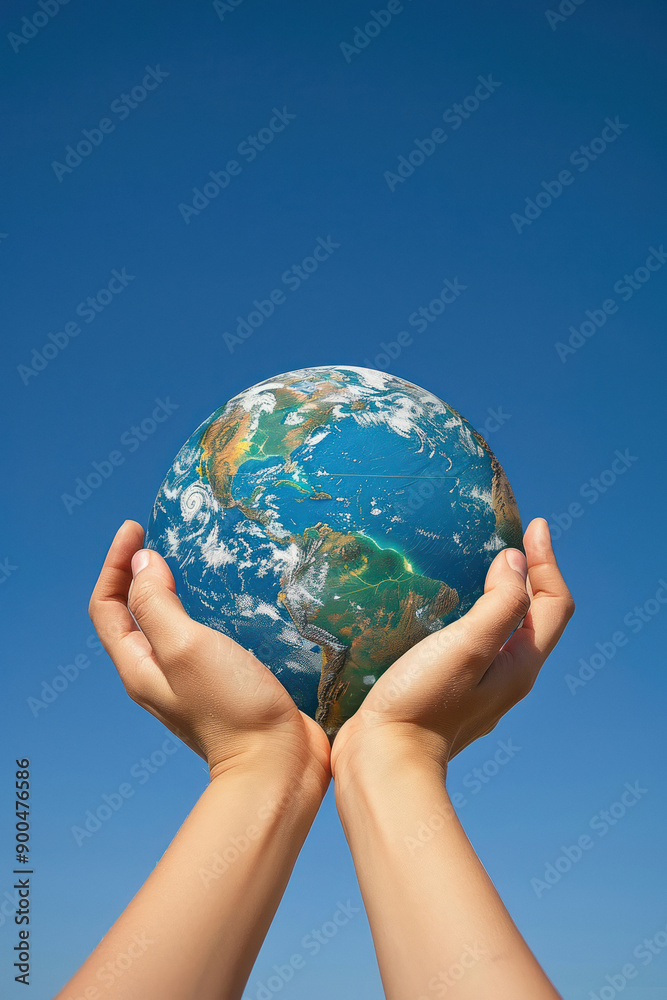 Conceptual image of hands holding a globe against a clear blue sky background Conceptual image of hands holding a globe against a clear blue sky background