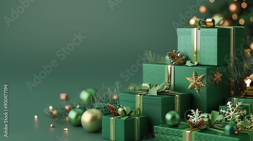 Green and gold Christmas presents with a blurred background.