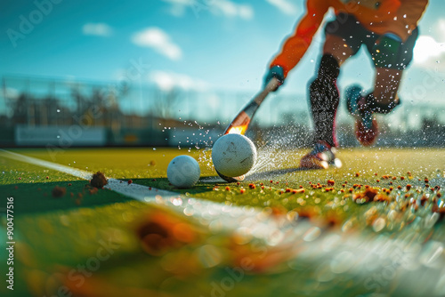 Field hockey player in action, forcefully passing the ball to a teammate photo