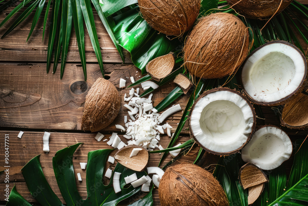 Top view of fresh coconut with green leaf Top view of fresh coconut with green leaf